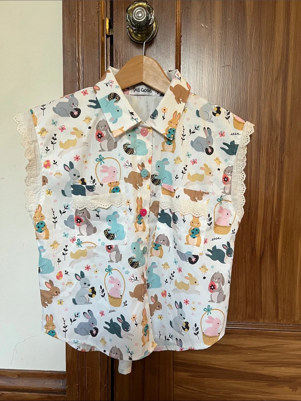 Girls' Bunny Print Lace-Trim Button Front Top - White